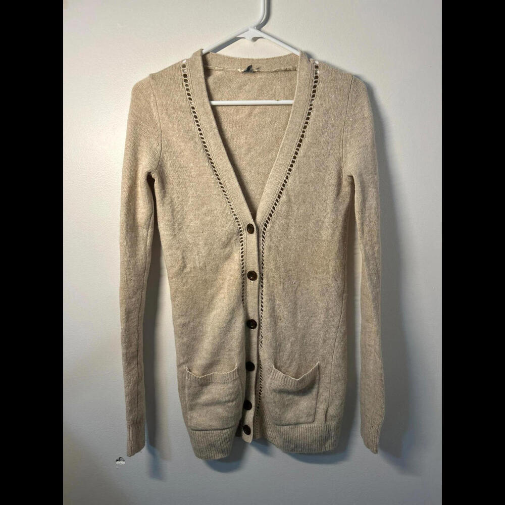 Fossil‎ Cardigan Wool Blend Beige Fitted V Neck Size XS